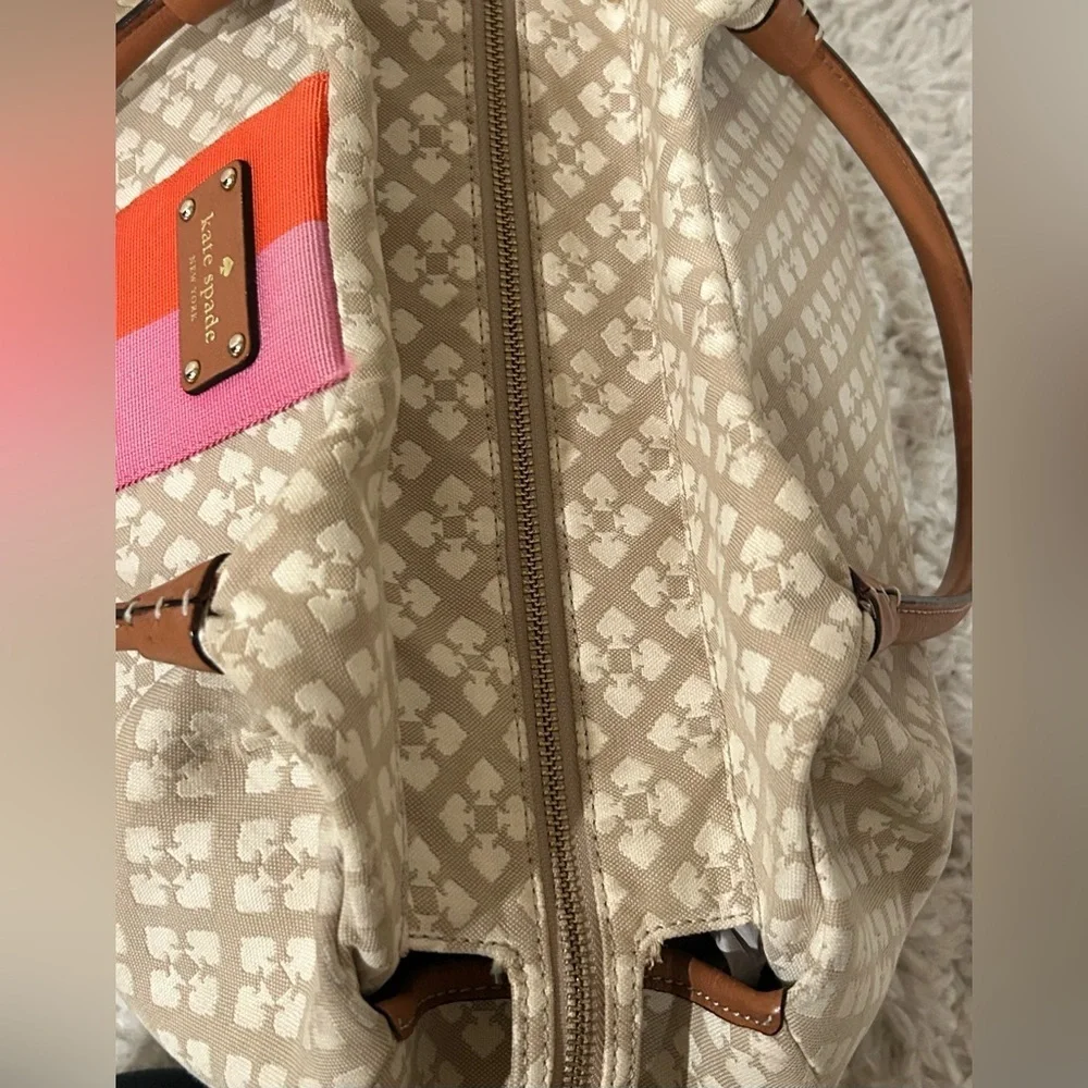 Kate Spade Canvas Tote Bag Beige Pink Stripe Large Travel Shoulder Chic
